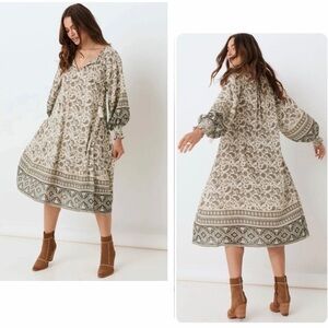 SPELL Boho Balloon Sleeve Brown Ash Paisley Print Journey Midi Dress